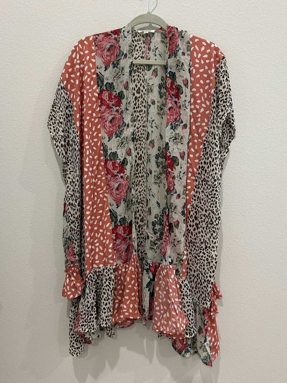 Umgee Coral Floral & Leopard Patchwork Open Front Kimono